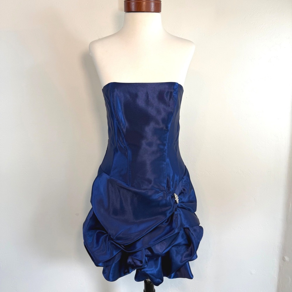 Jessica McClintock Gunne Sax Blue Satin Mini‎ Dress Vintage Y2K Bubble Hem Prom